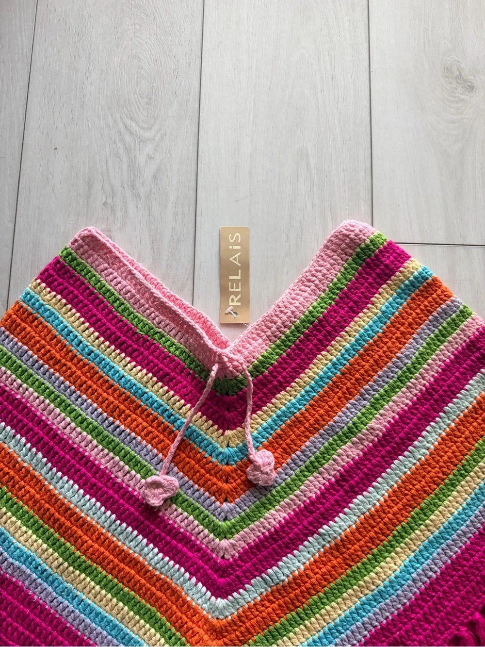 Relais Knitware Kids Rainbow Crochet Poncho with Hot Pink Fringe